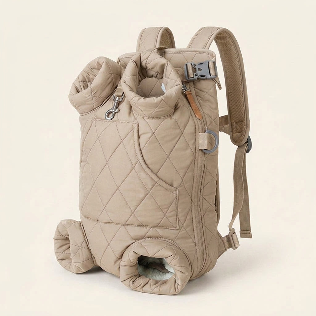 Dog backpack carrier, quilted padded chest pack with leg openings, Beige, studio