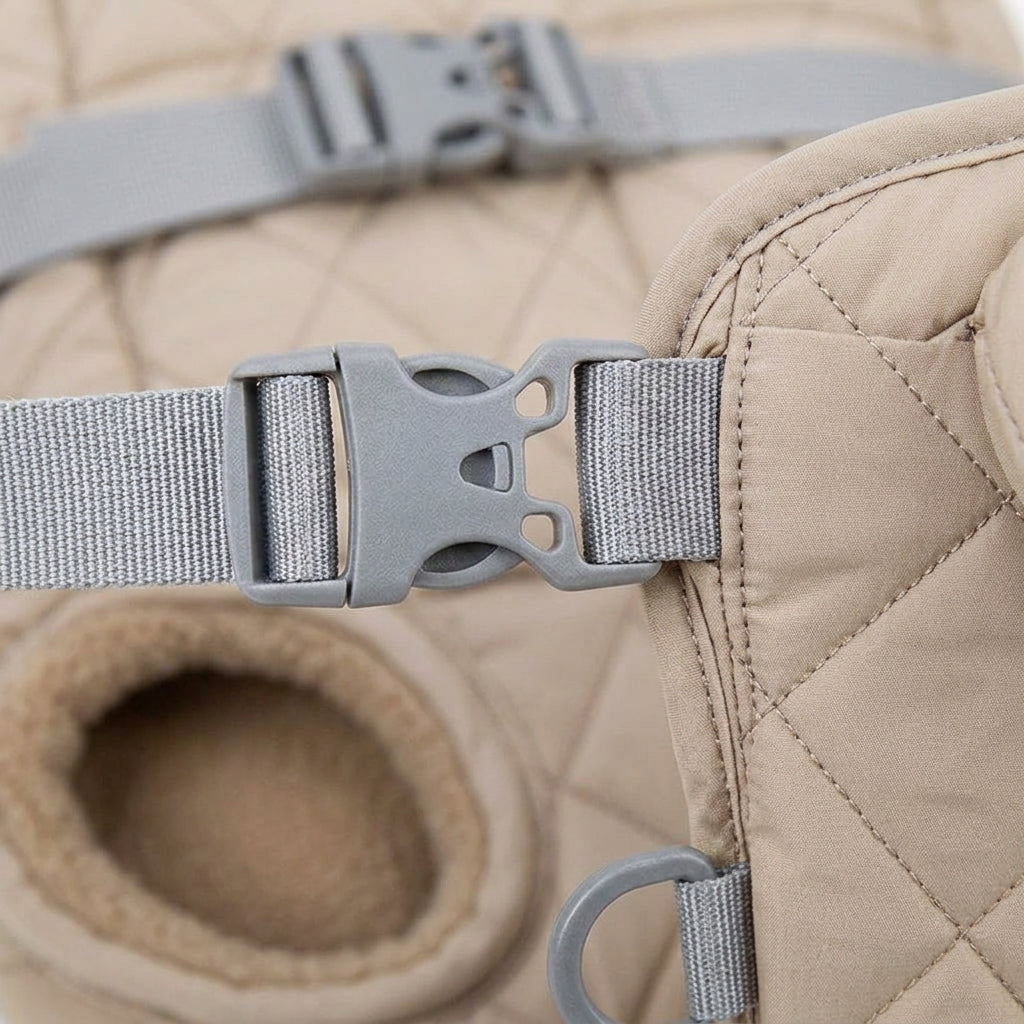 Dog backpack carrier, quilted padded chest pack with leg openings, Beige, detail