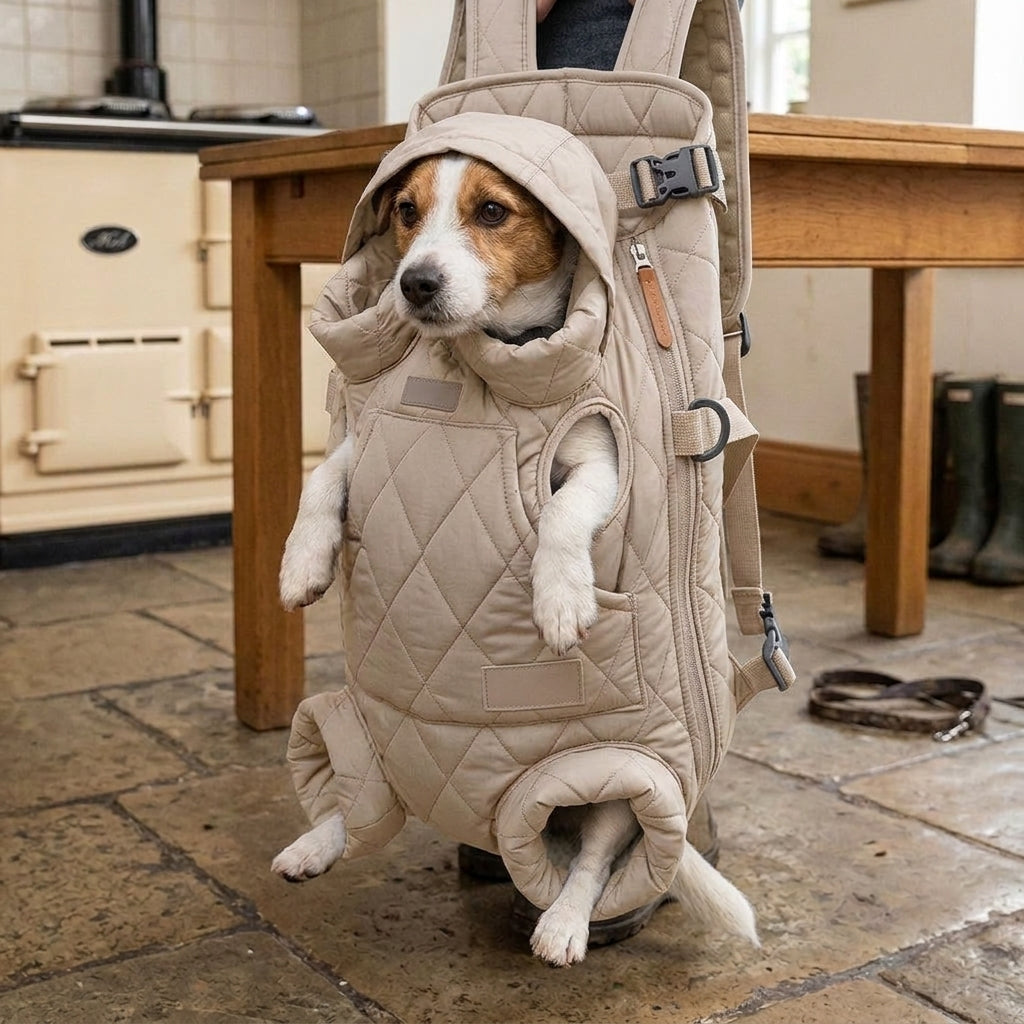 Dog backpack carrier, quilted padded chest pack with leg openings, Beige