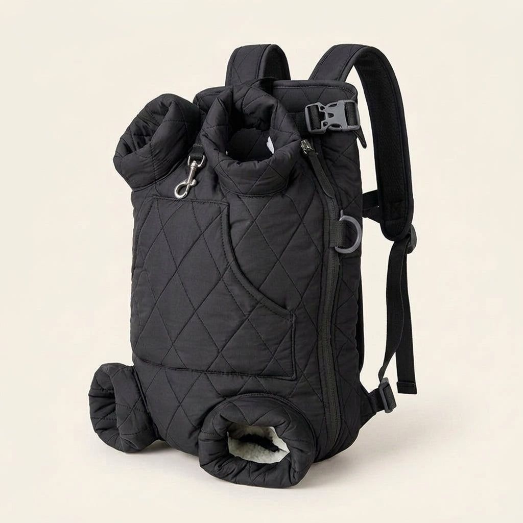 Dog backpack carrier, quilted padded chest pack with leg openings, Black, studio