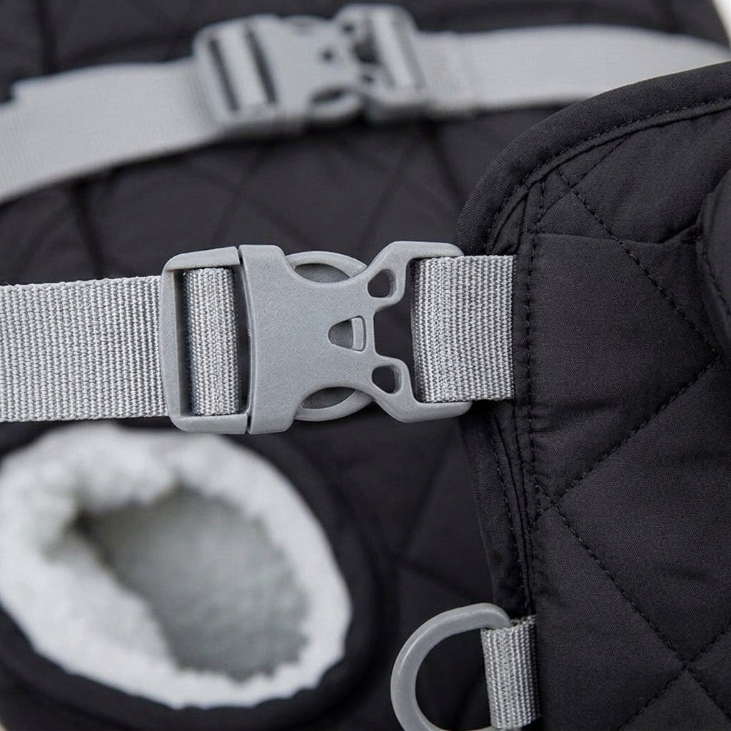 Dog backpack carrier, quilted padded chest pack with leg openings, Black, detail