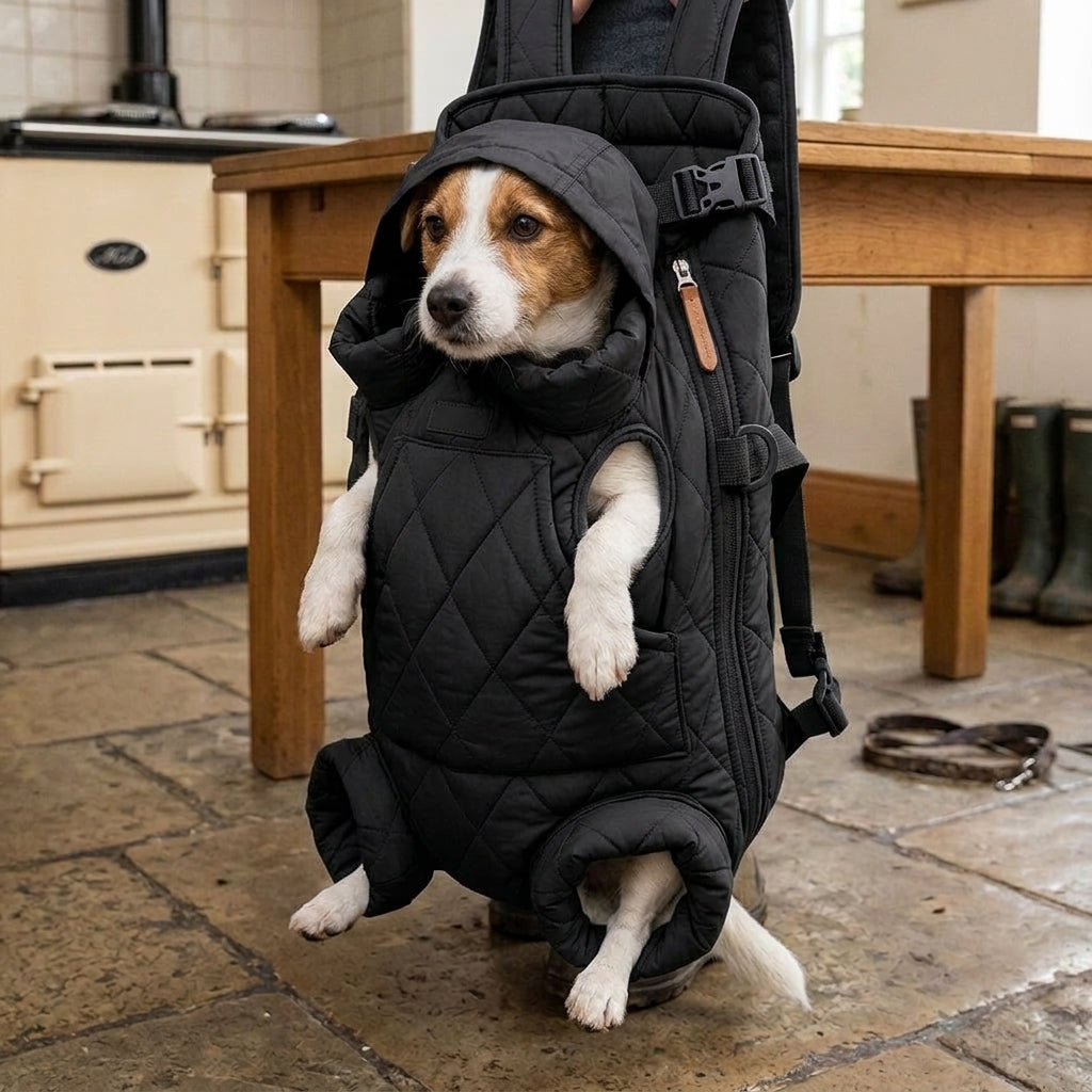Dog backpack carrier, quilted padded chest pack with leg openings, Black