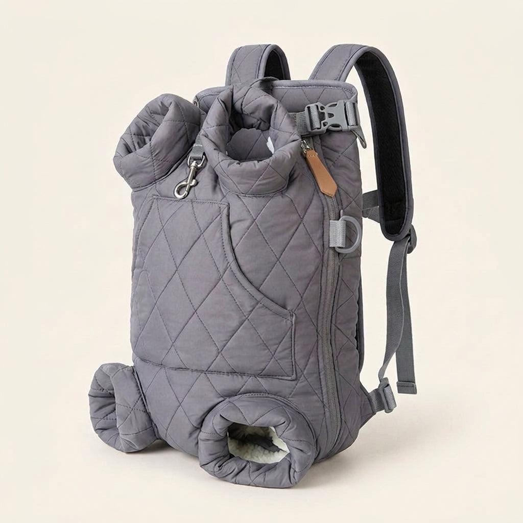 Dog backpack carrier, quilted padded chest pack with leg openings, Gray, studio