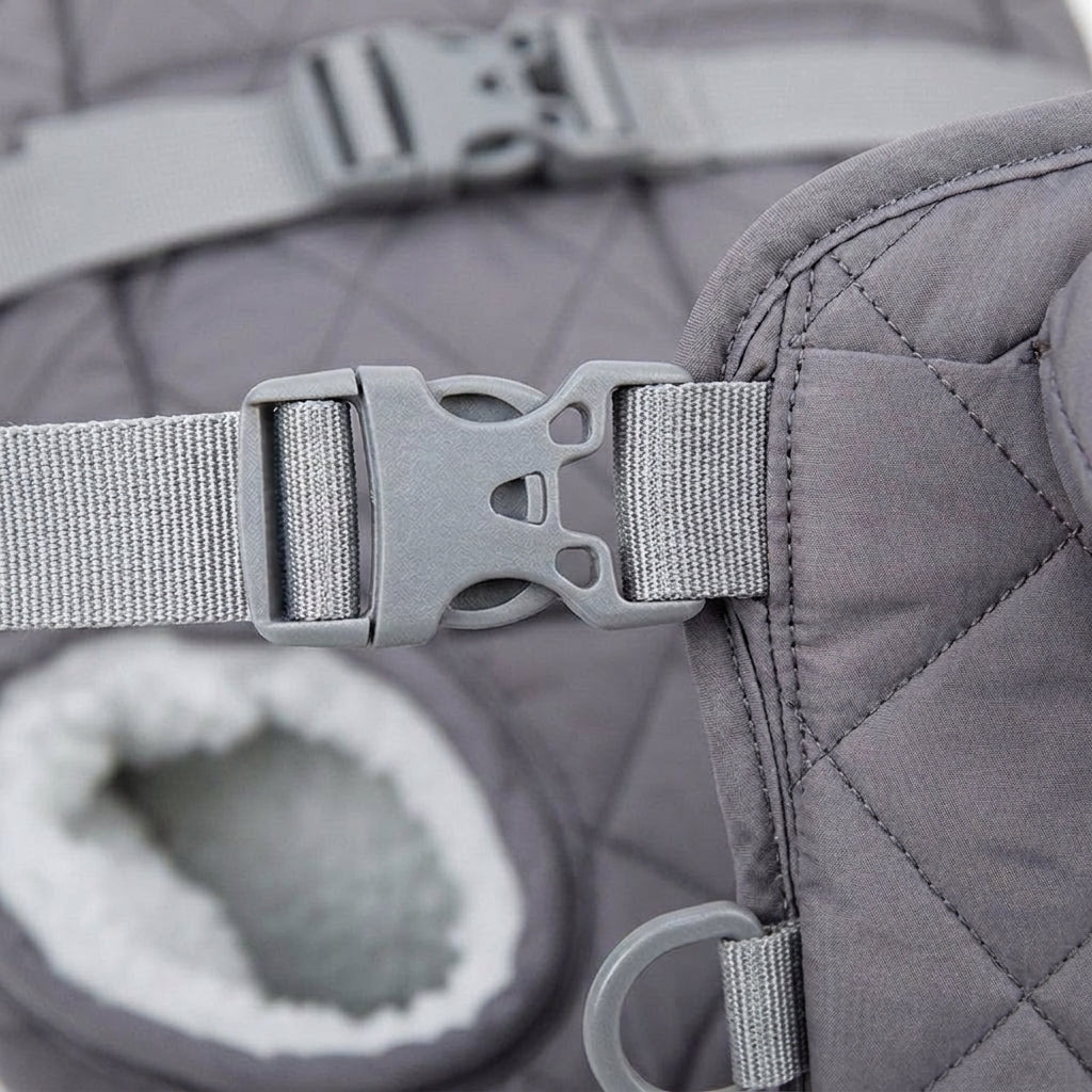 Dog backpack carrier, quilted padded chest pack with leg openings, Gray, detail