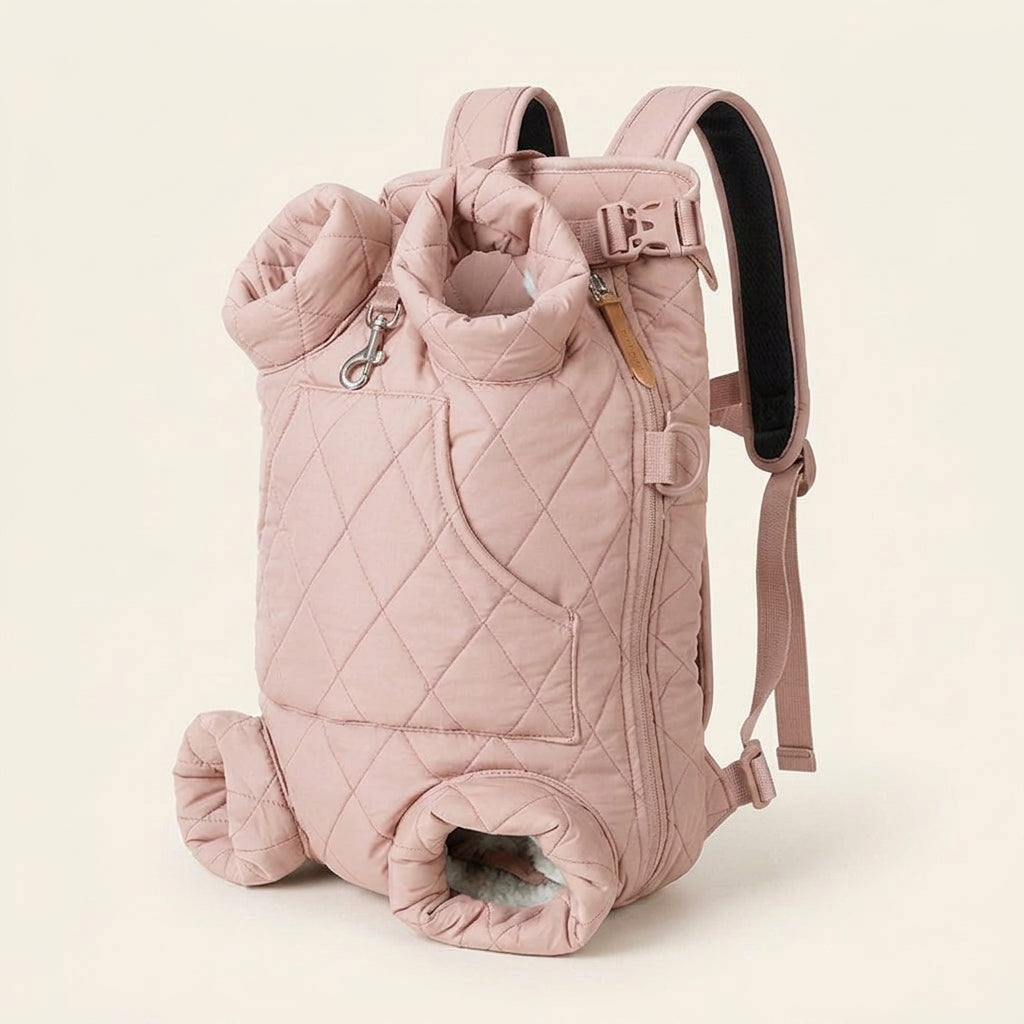 Dog backpack carrier, quilted padded chest pack with leg openings, Nude Pink, studio