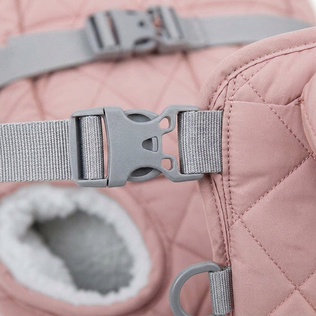 Dog backpack carrier, quilted padded chest pack with leg openings, Nude Pink, detail