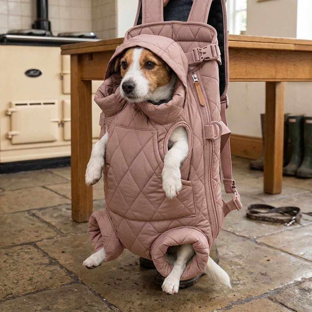 Dog backpack carrier, quilted padded chest pack with leg openings, Nude Pink