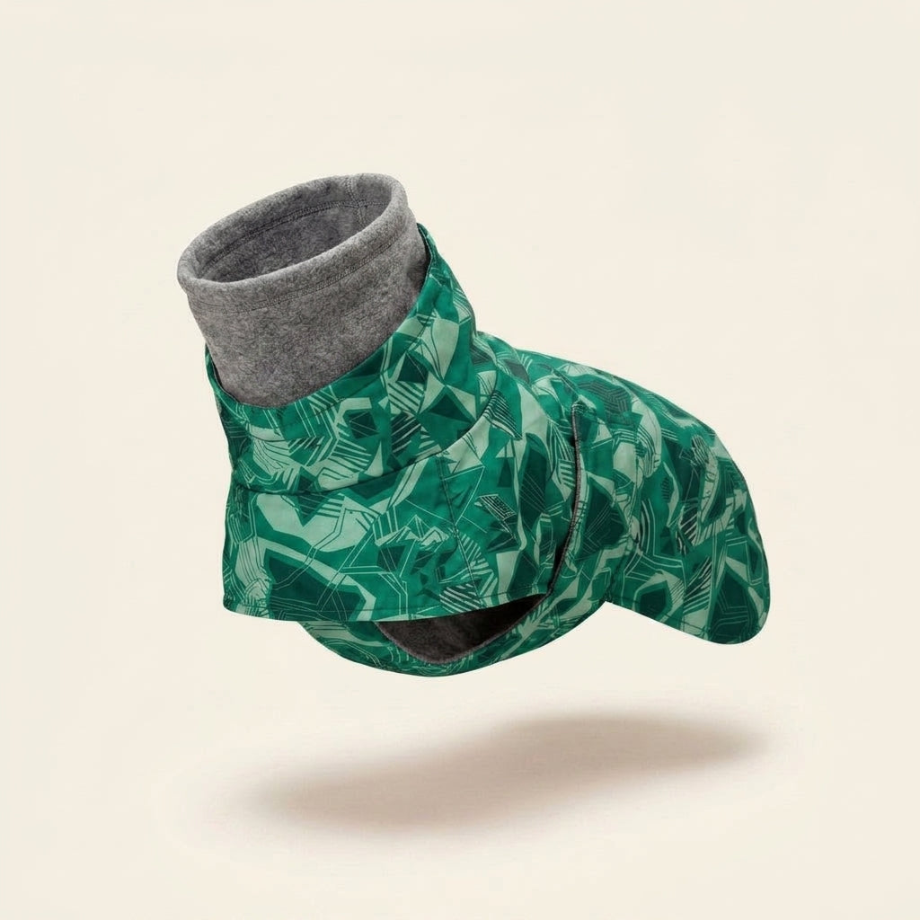 Waterproof dog coat, quilted winter jacket with fleece collar, Emerald Green, studio
