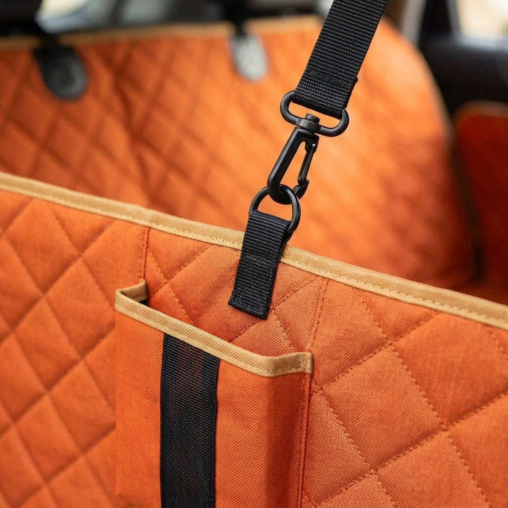 Dog car seat mat, waterproof Oxford fabric, machine washable, Orange edge, detail