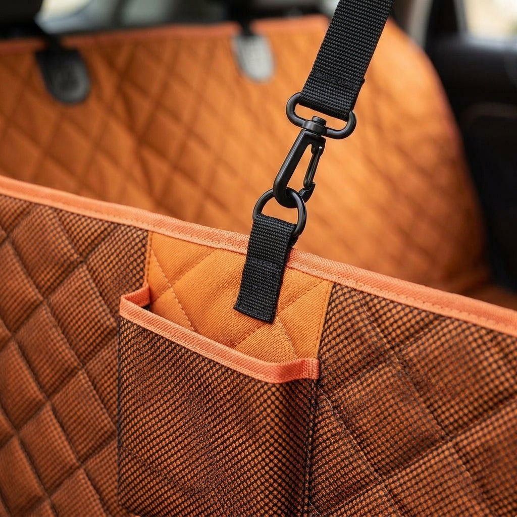 Dog car seat mat, waterproof Oxford fabric, machine washable, Orange edge with net, detail