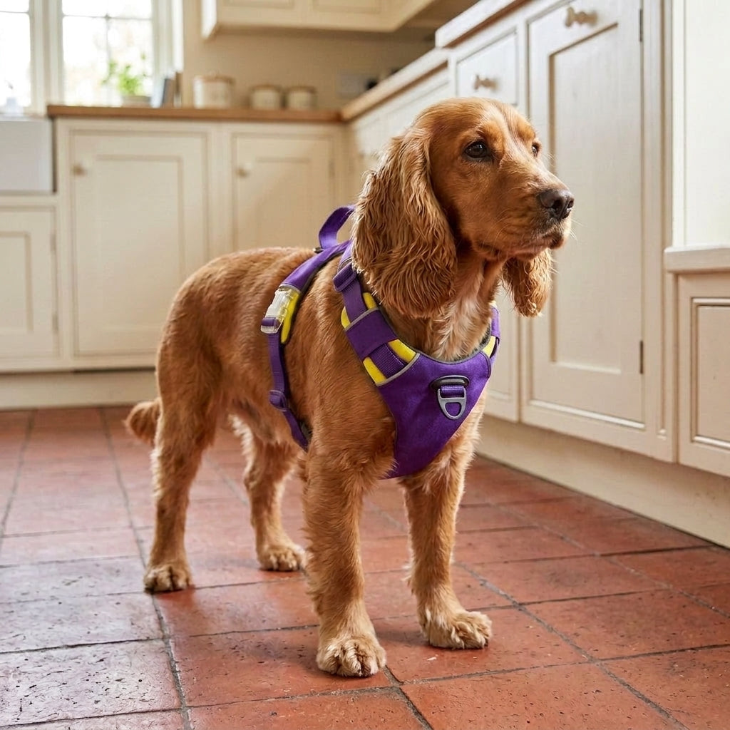 Reflective dog vest, USB rechargeable light, weatherproof, Grape Purple