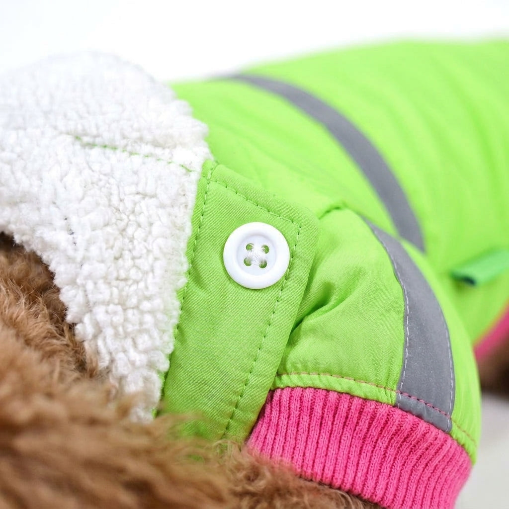 Quilted dog coat, reflective padded jacket with warm lining, Fluorescent Green, detail