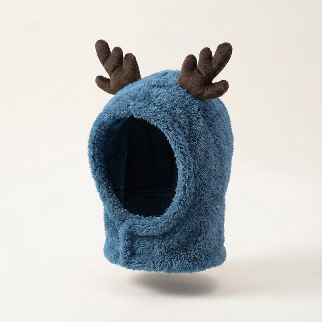 Reindeer antler dog hood, fleece Christmas costume, warm, Blue, studio