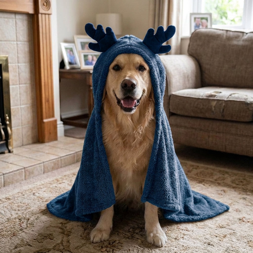 Dog Hood Costume: Reindeer antler dog hood, fleece Christmas costume, warm, Blue