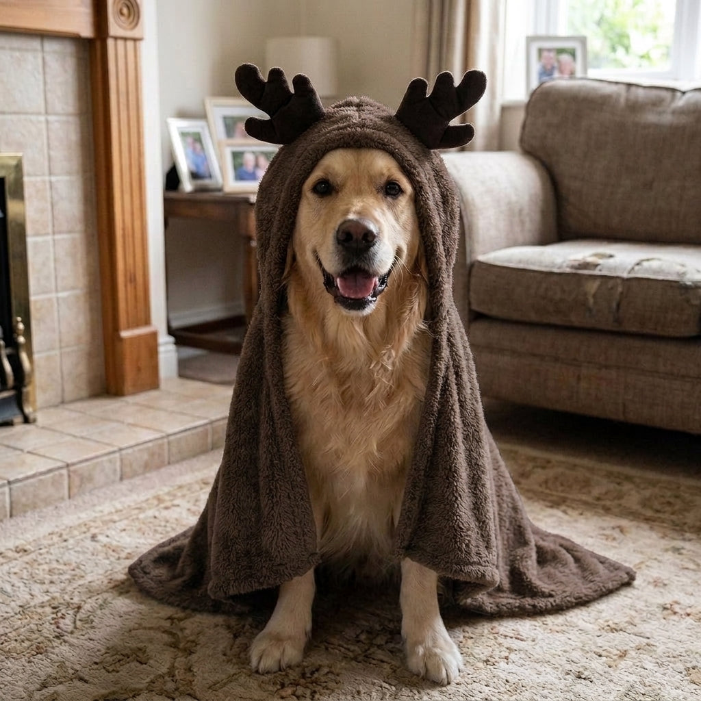 Reindeer antler dog hood, fleece Christmas costume, warm, Brown Elk