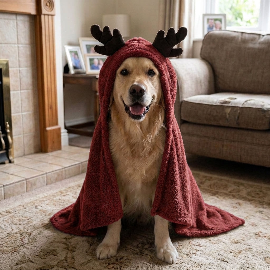 Reindeer antler dog hood, fleece Christmas costume, warm, Red Elk