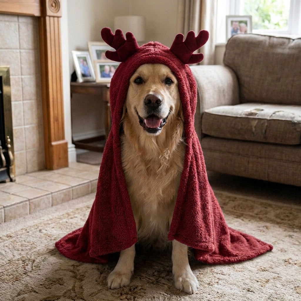 Reindeer antler dog hood, fleece Christmas costume, warm, Red