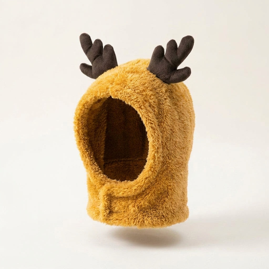 Reindeer antler dog hood, fleece Christmas costume, warm, Yellow, studio