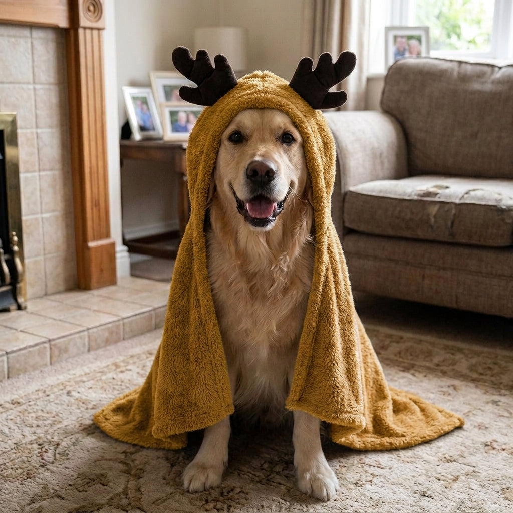 Reindeer antler dog hood, fleece Christmas costume, warm, Yellow
