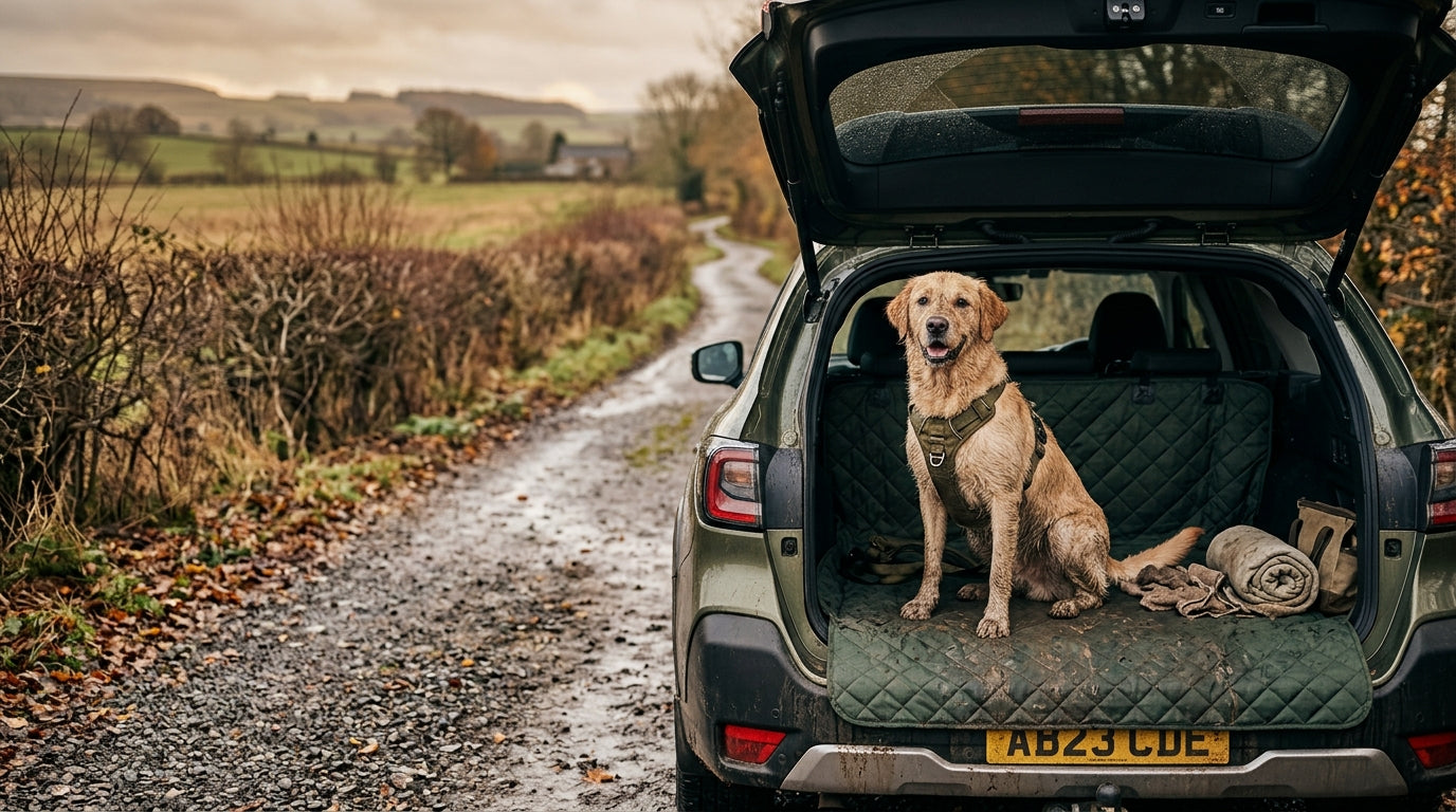 Wet labrador in the boot of a muddy estate car on a Ruffdale boot liner