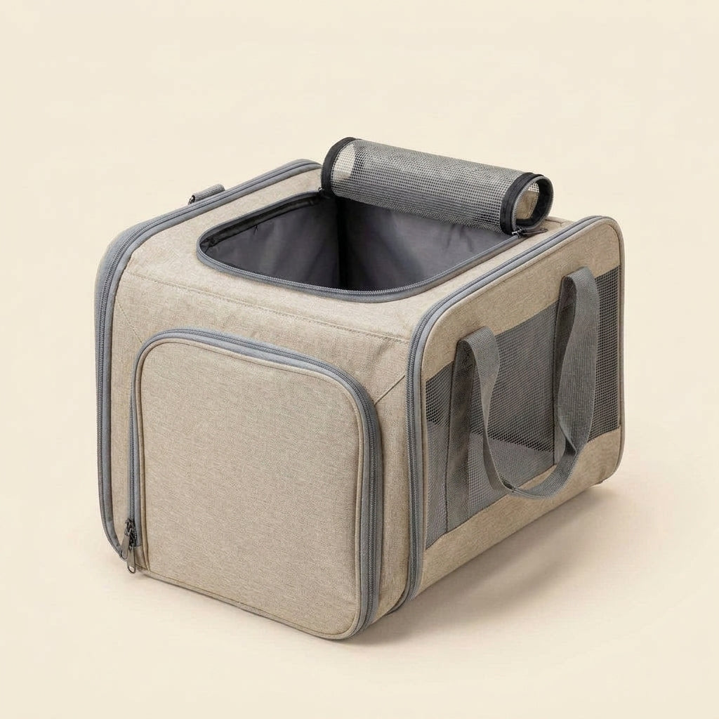 Dog carrier, soft-sided travel bag with padded shoulder straps, Beige, studio
