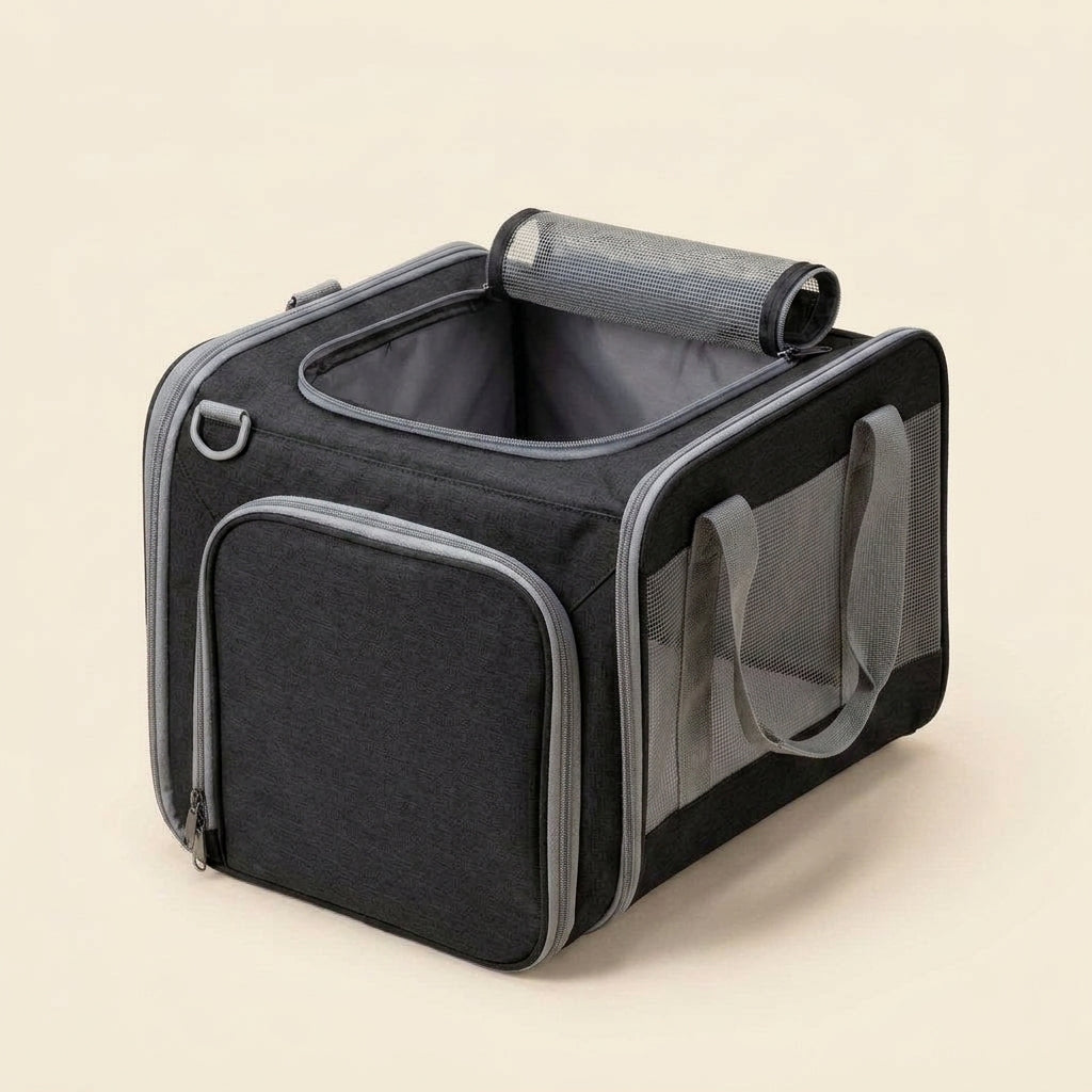 Dog carrier, soft-sided travel bag with padded shoulder straps, Black, studio