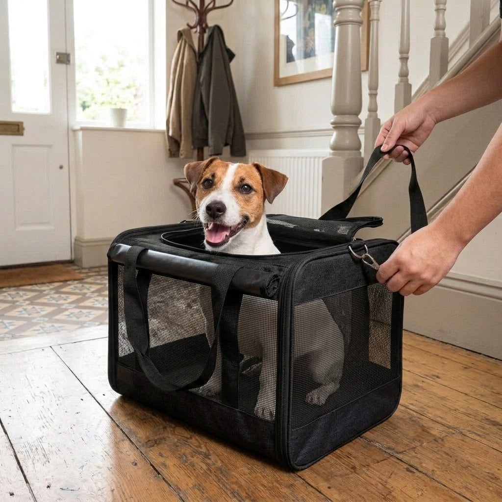 Dog carrier, soft-sided travel bag with padded shoulder straps, Black