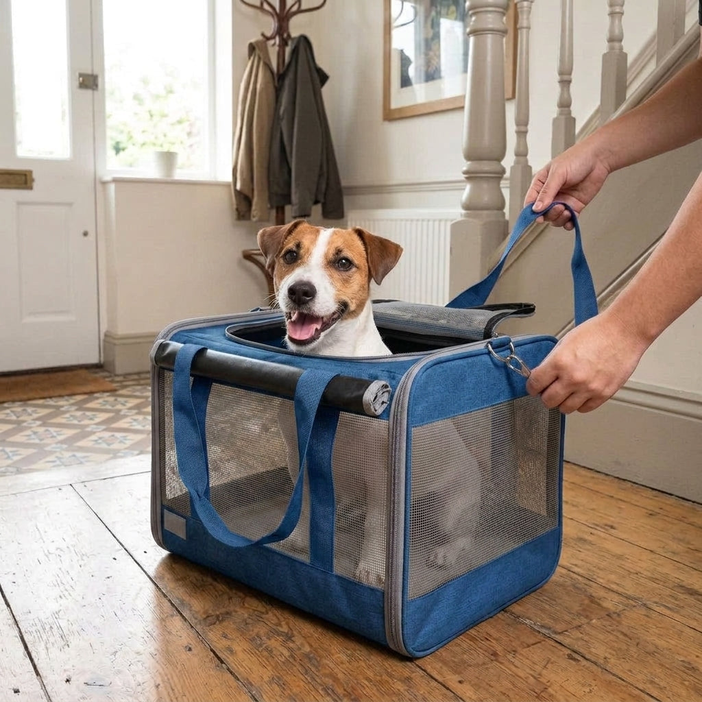 Dog carrier, soft-sided travel bag with padded shoulder straps, Blue