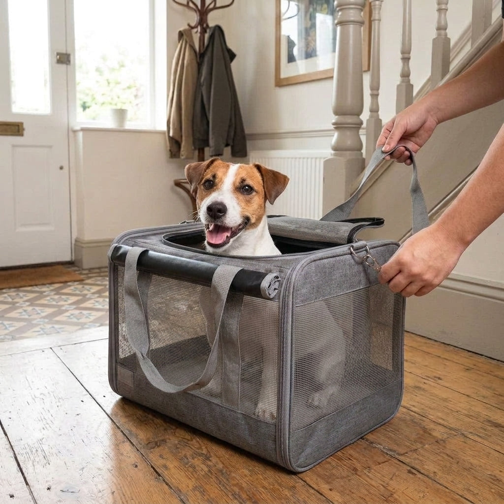 Dog carrier, soft-sided travel bag with padded shoulder straps, Grey