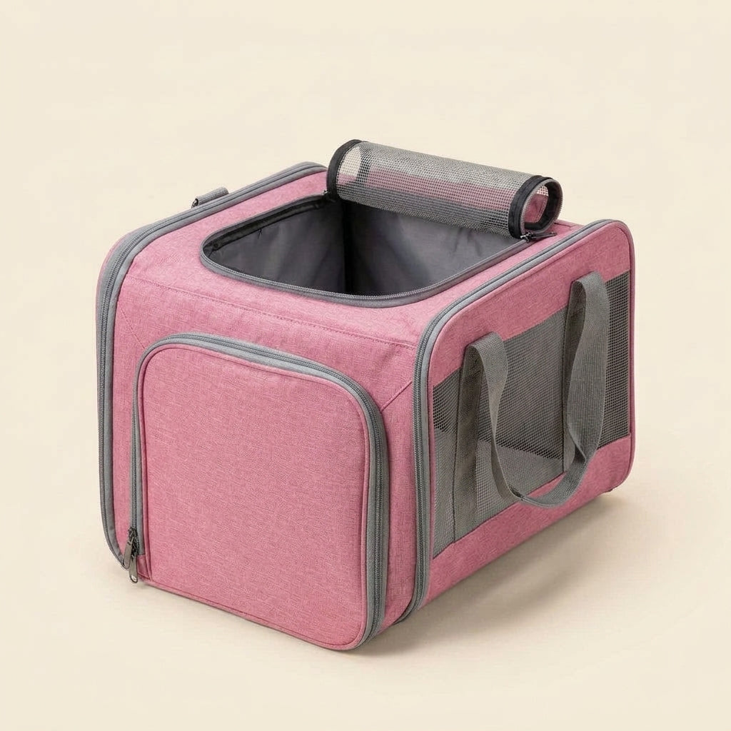 Dog carrier, soft-sided travel bag with padded shoulder straps, Pink, studio