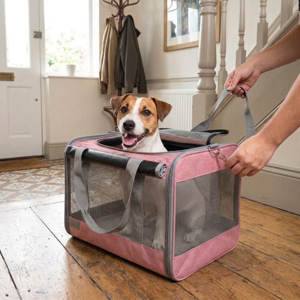 Dog carrier, soft-sided travel bag with padded shoulder straps, Pink